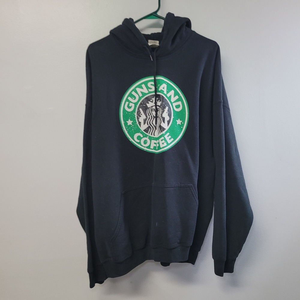 Gildan Heavy Blend Guns and Coffee Black Hoodie Sweatshirt 2XL Starbucks Parody